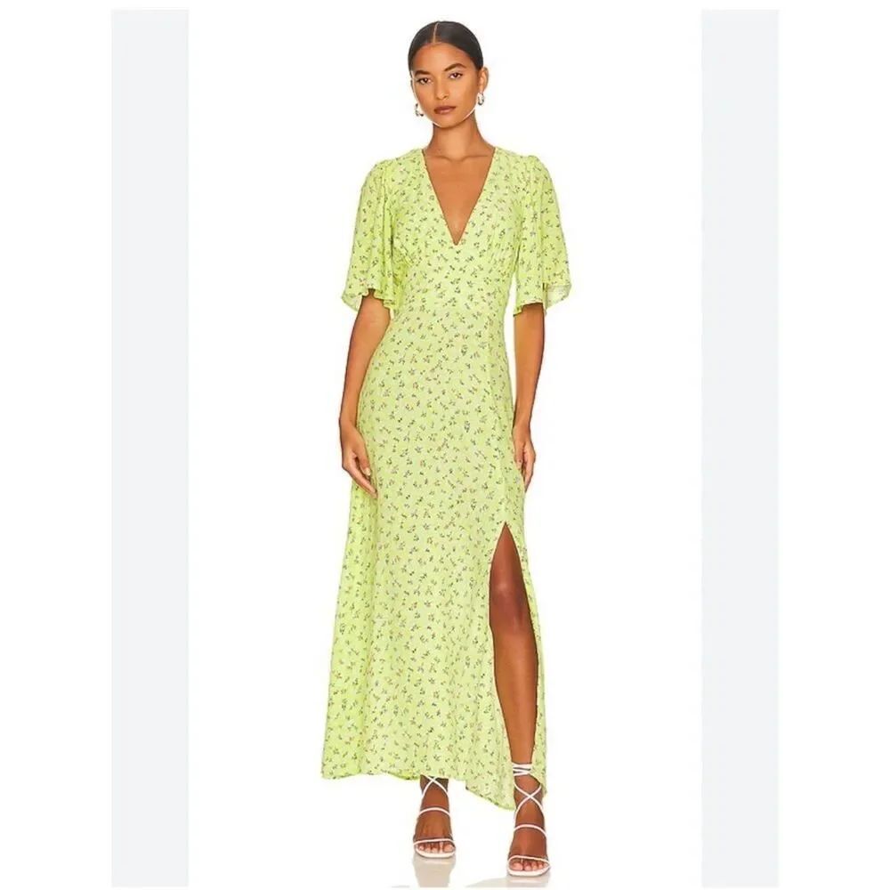 AFRM Zelda Floral Flutter Sleeve Midi Dress Lime Green Floral Open Back Sz M
